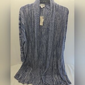Avenue Women's 22-24  Long Open Front Cardigan Blue&  White Knit Texture NEW TAG